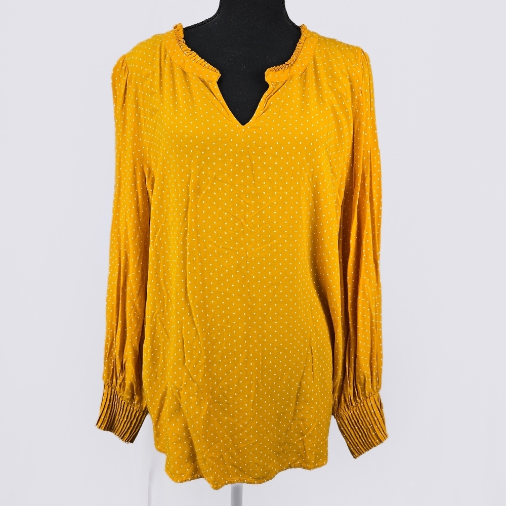 TALBOTS slit neckline Yellow LongSleeve Polka dot blouse size XL